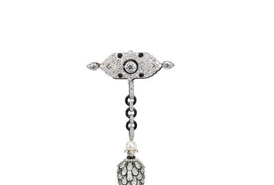 Lot 1427: Cartier Pinecone Diamond Platinum Shoulder Brooch, $40,000-60,000