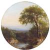 Julie Hart Beers (1835-1913) Hudson Valley Vista.  Oil on board (tondo), 12 1/2 inches (diameter).  Signed lower right.