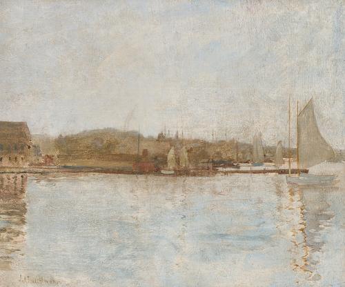 Lot 73 – John Henry Twachtman (American, 1853-1902), A View of Greenwich Harbor, oil on board, signed, 15 1/2 x 18 1/4 inches, estimate: $20,000-$30,000.