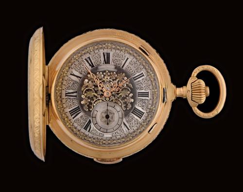 Fine and rare circa-1896 Swiss Grande Sonnerie “clock watch” quarter-hour repeating pocket watch in 18K gold hunter’s case decorated with cowboy on horseback throwing a lasso (obverse) as he chases two ostriches (reverse). Cuvette marked/hand engraved, in part: ‘Medaille D'or Geneve, 1896, Grande Sonnerie,’ movement possibly by Audemars Freres, Brassus & Geneva. Estimate: $20,000-$40,000
Morphy Auctions