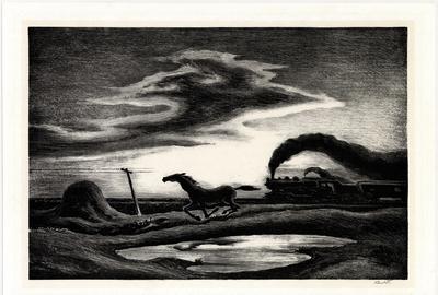 Thomas Hart Benton (1889-1975) The Race, 1942, lithograph, 23.8 x 34.5 cm.  The American Museum in Britain.