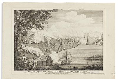 Bernard Romans, An Exact View of the Late Battle at Charlestown, June 17th, 1775, engraving, 1776.  Estimate $40,000 to $60,000.