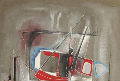 Jimmy Ernst, "Abstract" (dedicated to "Charles and Minnie, my youngest old friends), 1949, Gouache on paper, 22 x 16 inches