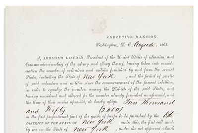 Abraham Lincoln, partly-printed document signed, conscripting troops for the first national draft in the United States, 1863.  Estimate $15,000 to $25,000.