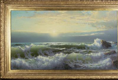 William Trost Richards (1833–1905), Off Conanicut, Newport, 1904, Oil on canvas 34 x 60 inches Signed and dated lower right: WM.  T.  Richards.  04.