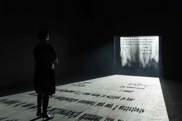 Jitish Kallat.  Covering Letter, 2012.  Fog screen projection, installation dimensions variable.  Burger Collection, Hong Kong.  © Jitish Kallat.  Image courtesy Philadelphia Museum of Art