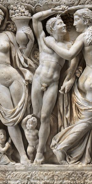 Detail of Farnese Sarcophagus, about 225 AD.  Marble, 163.2 x 62.23 x 26.67 cm (64 1/4 x 24 1/2 x 10 1/2 in.)