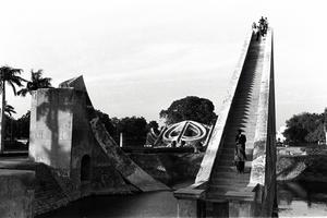 Photograph by Isamu Noguchi of Samrat Yantra (foreground) and Mishra Yantra (background) at the Jantar Mantar observatory, Delhi, India, 1949.  © Isamu Noguchi Foundation and Garden Museum.