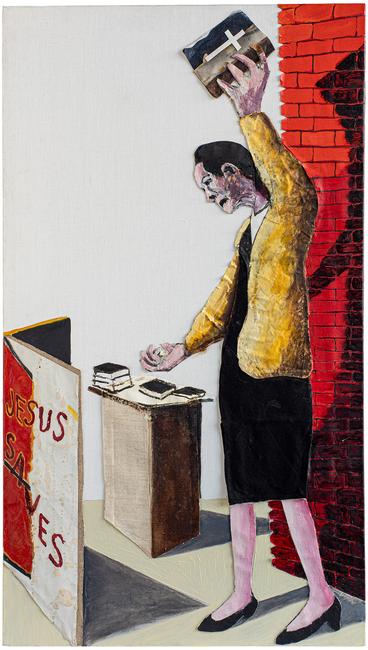 Benny Andrews (1930-2006), Evangelist (America Series), 1990 oil and collage on canvas, 42 x 24 x 1/2 inches / 106.7 x 61 x 1.3 cm, signed