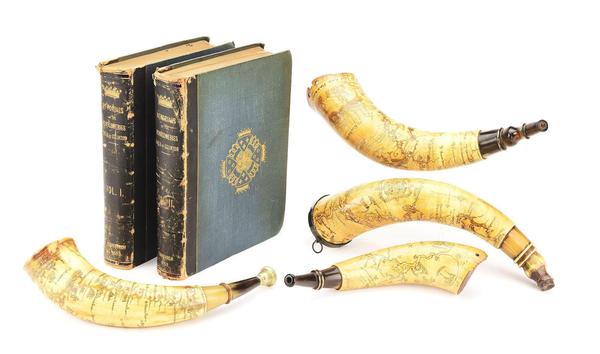 Group of four cased, engraved French and Indian War map powder horns, three belonging to Lt.  Col.  Archibald Montgomerie (1726-1796) and acquired at historic 1925 auction at Eglinton Castle, Scotland.  Two horns bear the Royal Arms; one bears the Arms of the Earls of Eglinton.  Estimate $100,000-$300,000