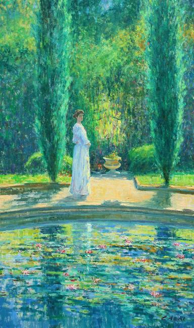 Charles Neal | Reflection - the Statue Garden, Violet, 8th Duchess of Rutland | oil on canvas | 60 x 36 in.