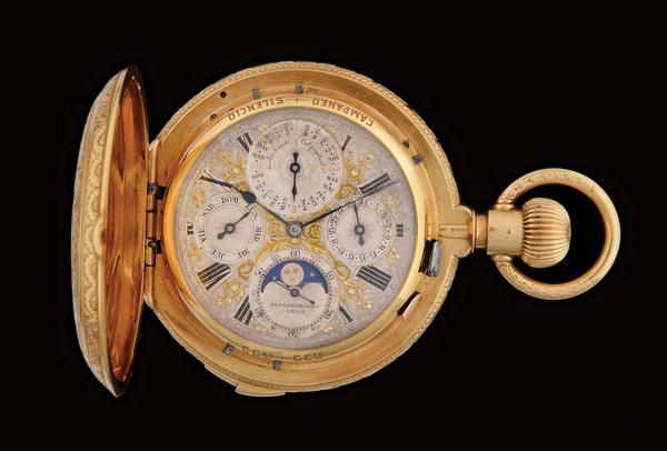 Rare and important circa-1880 Henri Grandjean & Co., Grande Sonnerie clock-watch with minute repeater, hand-decorated 18K yellow gold hunter’s case engraved birds and flowers.  Complications include leap year perpetual calendar, moon phase and quarter-hour passing strike chime that can be silenced.  Estimate: $20,000-$40,000