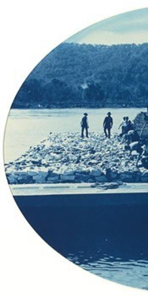 Henry Peter Bosse, Construction of Rock and Brush Dam, L.W., 1891 cyanotype