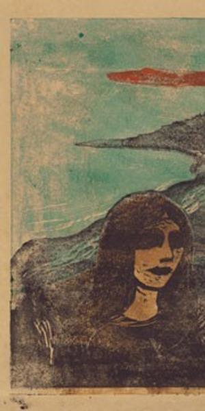 Edvard Munch "Girl's Head Against the Shore," 1899 color woodcut framed: 78.11 x 67.63 x 3.49 cm (30 3/4 x 26 5/8 x 1 3/8 in.) Epstein Family Collection