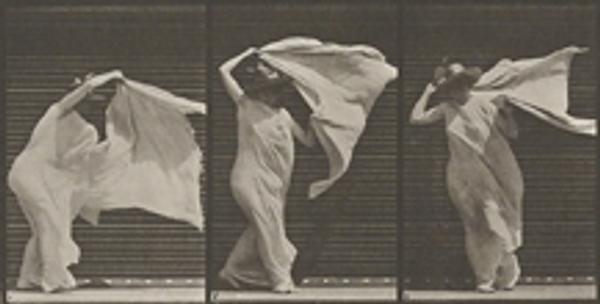 Eadweard Muybridge, Lifting shawl, putting it around shoulders and turning, plate 233 [detail] from Animal Locomotion, 1887.  Heckscher Museum of Art; Gift of Mrs.  Jill Tane.