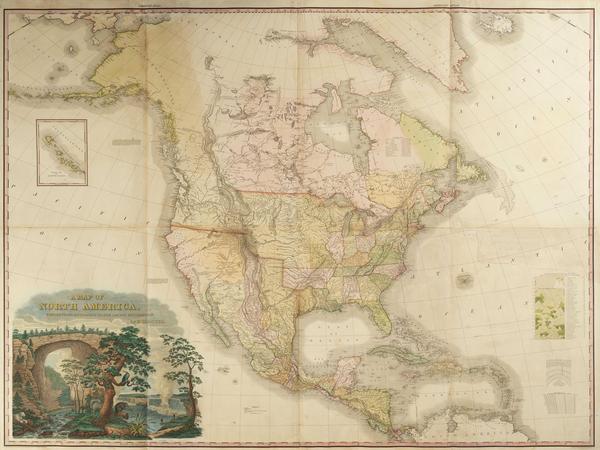 A MAP OF NORTH AMERICA.  Henry Schenck Tanner, cartographer, engraver and publisher, Philadelphia, Pennsylvania, 1822.  Line engraving on laid paper with hand-coloring.  Museum purchase, 1997-5 