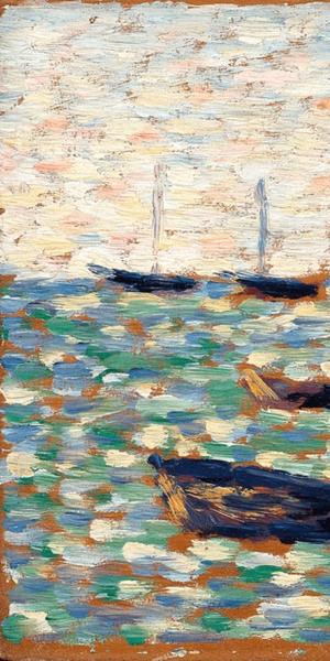 La Mer à Grandcamp (The Sea at Grandcamp) by Georges Seurat.  Circa 1885.  Highly important, this painting is among the key works in the founding of the Neo-Impressionist movement.