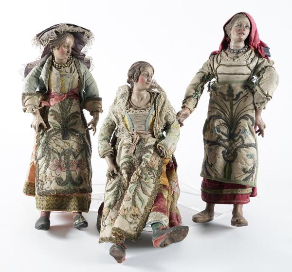 Three 19th century Neapolitan Polychrome Wood and Terracotta Noble Ladies