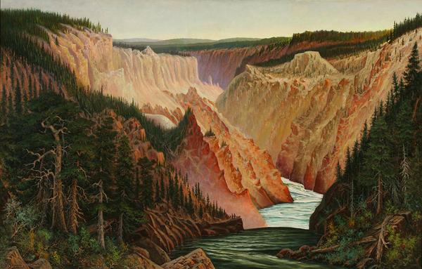 Grafton Tyler Brown.  "A Canyon River with Pines and Figures (Yellowstone)," circa 1886.  Oil on canvas, 35 3/4 in.  x 56 in.  (90.8 x 142.2 cm).  Tacoma Art Museum.  Museum purchase with funds from the Art Acquisition Fund and the Tacoma Pierce County Black Collective.  