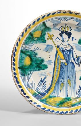 Tin Glazed Earthenware Queen Anne Charger, England, c.  1702-14 (Lot 206, Estimate $15,000-25,000)