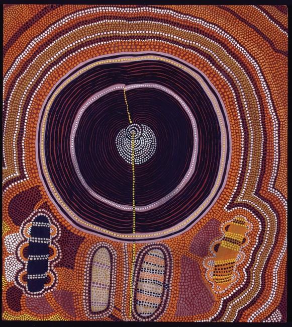 Shorty Lungkarta Tjungurrayi (1920–1987), Mystery Sand Mosaic, November 1974.  Synthetic polymer paint on canvas board, 19 15/16 x 17 3/4 inches.  Collection of John and Barbara Wilkerson.  © Estate of the artist licensed by Aboriginal Artists Agency Ltd.