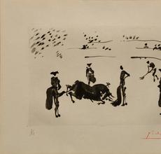 One of several aquatints by Pablo Picasso -- rare examples from an original set of 12 copies (#3 of 12), of La Tauromaquia: Muerte del Toro, hand-signed and numbered by Picasso.