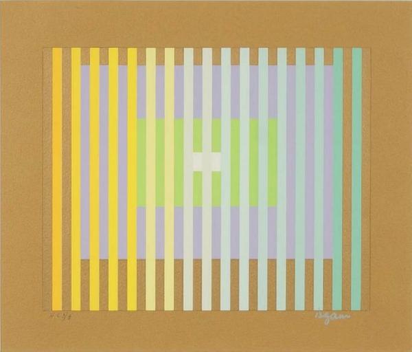 Yaacov Agam (Israeli, b.  1928-), Nine X Three X Five, color serigraph, 1987.  Signed LR and numbered H.C.  3/6, coming up in Susanin’s April 21, 2020 auction.  Estimate: $150-$250.