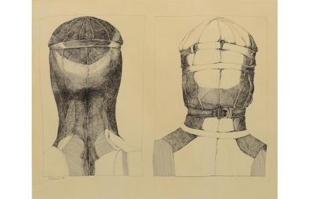 Nancy Grossman (American, b 1940) ink on paper, Two Heads, signed and dated '68 lower left, 12-1/4" x 14-1/2" overall, Cordier & Ekstorm (New York) gallery label on verso , Property from the Estate of Daniel Dietrich, II