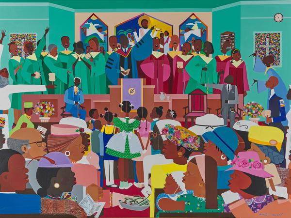 Lot 20.  Varnette P.  Honeywood, Jesus Loves Me, 1983, acrylic on canvas, 36 x 48 in., $10,000-20,000