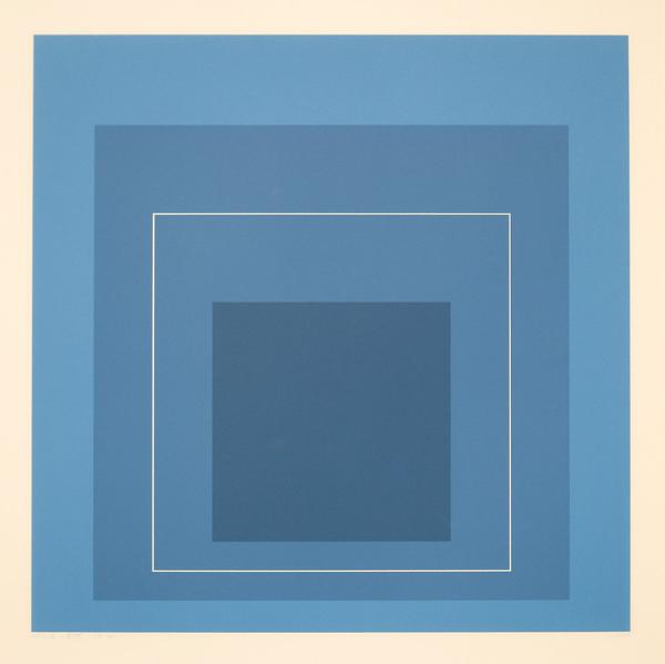 Josef Albers, “White Line Squares XIII,” 1966–1970.  Lithograph on paper, 21 x 21 inches.  Gift of the Docent Council.  1979.06.  “Break + Bleed” on view at San José Museum of Art June 4, 2021–January 31, 2022.