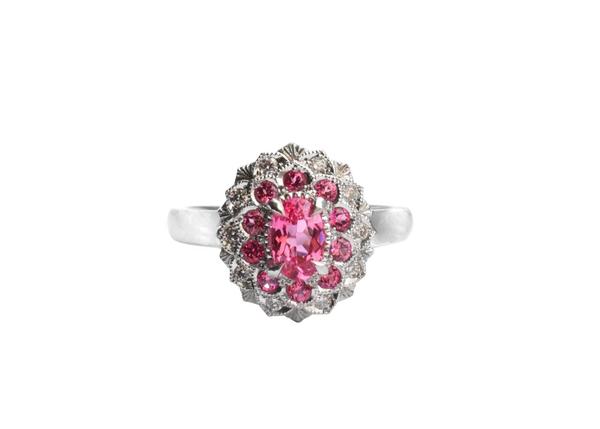 Camellia Ring by Cecile Raley Designs.  Mahenge and Burmese spinels, and diamonds, set in 14K white gold.