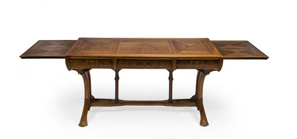 A Lucien Lévy-Dhurmer and Edouard Collet carved and burled walnut parquetry extension desk Designed for the Library of the Auguste Rateau residence