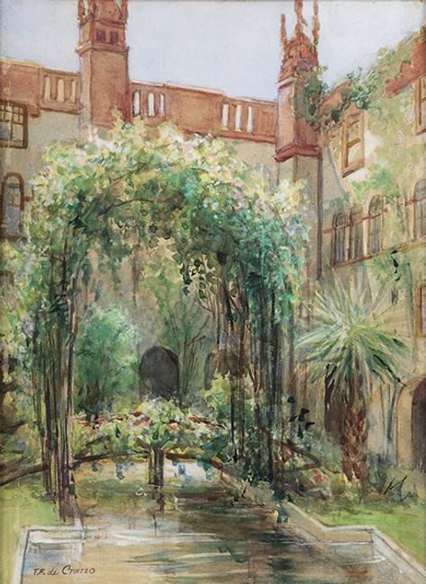 Felix F.  de Crano, Alcazar Courtyard, watercolor on paper, 18.25”h x 13.75”w collection of Lightner Museum (Gift of Clarissa Anderson Gibbs)