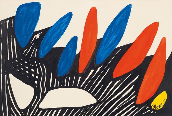 Alexander Calder.  Dolmens, 1971.  Gouache and ink on paper.  29 1/2 x 43 1/8 in.  (74.9 x 109.5 cm).  © 2020 Calder Foundation, New York / Artists Rights Society (ARS), New York.  Courtesy of Zeit Contemporary Art, New York