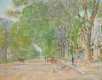 Exceptional painting by Childe Hassam (Am., 1859-1935), titled The East Hampton Elms.