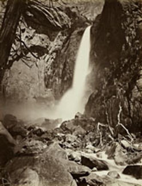 Carleton Watkins (U.S.A., 1829–1916), The Lower Yosemite Fall, Yosemite, 1865–1866, from the album Photographs of the Yosemite Valley.  Albumen print.  Lent by Department of Special Collections, Stanford University Libraries.