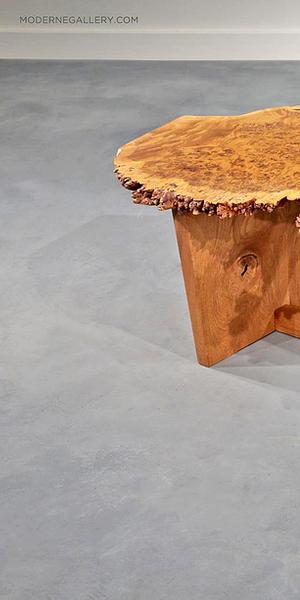 RARE ENGLISH OAK BURL SLED-BASED COFFEE TABLE, 1982.  VERY RARE SLED-BASED COFFEE TABLE WITH SPECTACULAR AND UNCOMMON ENGLISH OAK BURL TOP AND BASE, 1982.  62" WIDE X 21" DEEP X 14" HIGH 