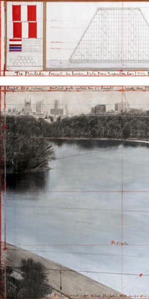 Christo The Mastaba (Project for London, Hyde Park, Serpentine Lake) Drawing 2018 in two parts 15 x 96" and 42 x 96" (38 x 244 cm and 106.6 x 244 cm) Pencil, charcoal, wax crayon, enamel paint, hand-drawn map on vellum, technical data, mylar and tape Photo: AndrÃ© Grossmann Â© 2018 Christo