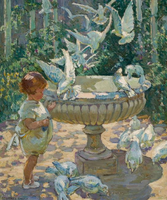 Dorothea Sharp’s lyrical, sun-dappled oil painting At the Fountain (estimate: $50,000+).