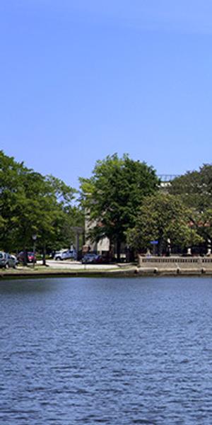 The front entrance of the Chrysler Museum of Art as seen from The Hague Inlet.