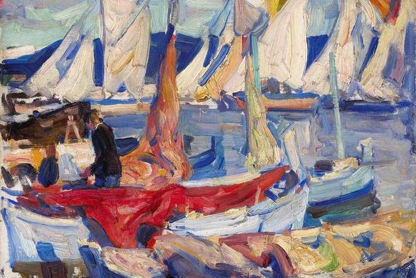 E.  Charlton Fortune (1885-1969) Drying sails I, 1926 , oil on canvas board, 12 1/2 x 16in.