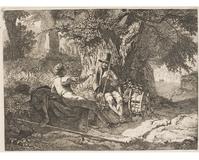 The Artist Resting with His Guide by the Roadside, 1819.  Johann Christoph Erhard, German, 1795 1822.  Etching and engraving and drypoint, Plate: 7 15/16 x 8 1/16 inches (20.2 x 20.4 cm), Sheet: 8 3/16 x 10 11/16 inches (20.8 x 27.2 cm).  Philadelphia Museum of Art