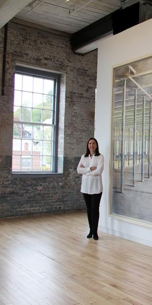 Barbara Ernst Prey in front of her MASS MoCA commission.