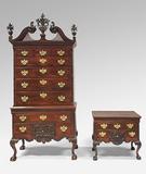 Left: High Chest of Drawers, 1765-75.  American, Late Baroque with Rococo carving, Mahogany, yellow poplar, white cedar, yellow pine; brass.8 feet 3/4 inches x 46 1/2 x 25 3/4 inches (245.7 x 118.1 x 65.4 cm).  Philadelphia Museum of Art, Gift of Mrs.  Henry V.  Greenough, 1957 Right: Dressing Table, 1765-75.  American, Late Baroque with Rococo carving, Mahogany, yellow poplar, white cedar, yellow pine; brass.  Height: 29 7/8 inches (75.9 cm), Width: 35 inches (88.9 cm), Depth: 23 1/4 inches (59