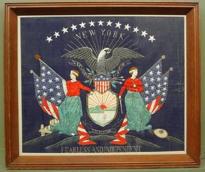 New York State Seal, "Fearless and Independent," a fine pristine Japanese export silkwork picture, c.  1890.  