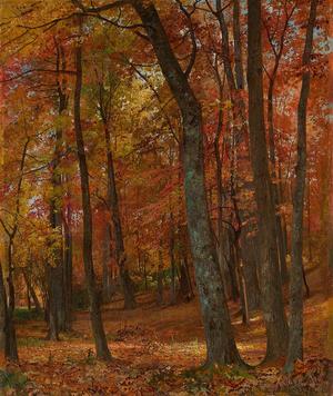 William Trost Richards (1833–1905) Forest Interior, 1865.  Oil on canvas.  12 1/8 x 10 1/16 inches.  Signed and dated lower right: W.  T.  Richards; / 1865.  