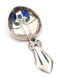 Spoon, 1900-05, by Archibald Knox (1864-1933), sterling silver with enamel details.  Collection of Kirkland Museum of Fine & Decorative Art.