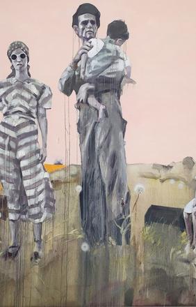 Hung Liu, Not in Kansas, 2016, oil on canvas, 96 x 120 inches.  