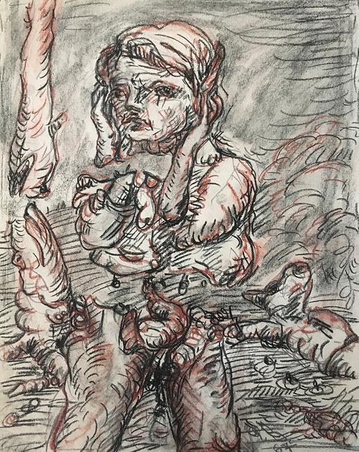 Georg Baselitz, Untitled, 1967.  Black and red chalk and graphite on paper.  Harvard Art Museums/Busch-Reisinger Museum, Gift of Dorette Hildebrand-Staab, 2020.100.  Artwork © Georg Baselitz.