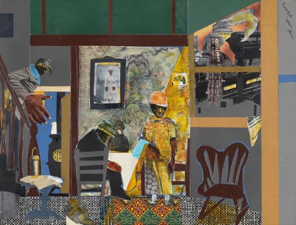 Romare Bearden (1911–1988), United States, Profile/Part I, The Twenties: Pittsburgh Memories, Mill Hand's Lunch Bucket, 1978, collage of cut paper and fabric with watercolor, graphite pencil, gouache, and felt-tip pen on Masonite, Cincinnati Art Museum; Museum Purchase: The Edwin and Virginia Irwin Memorial and the John J.  Emery Endowment, 2011.7.  © Romare Bearden Foundation/VAGA at Artists Rights Society (ARS), New York